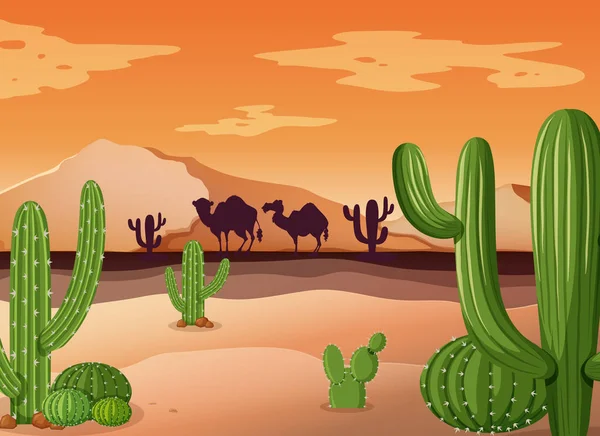 Escena del desierto con cactus y puesta de sol — Vector de stock