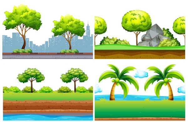 Cuatro diseños de fondo sin costuras con árboles verdes — Archivo Imágenes Vectoriales