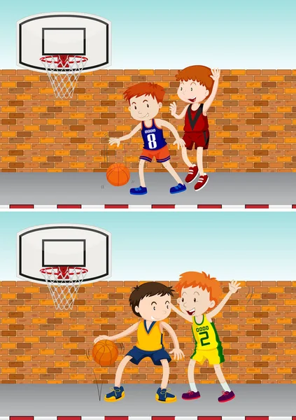 Jongens spelen basketbal van de straat — Stockvector