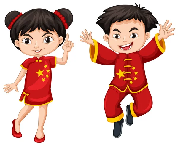 Chiński chłopiec i dziewczynka w czerwonym stroju — Wektor stockowy