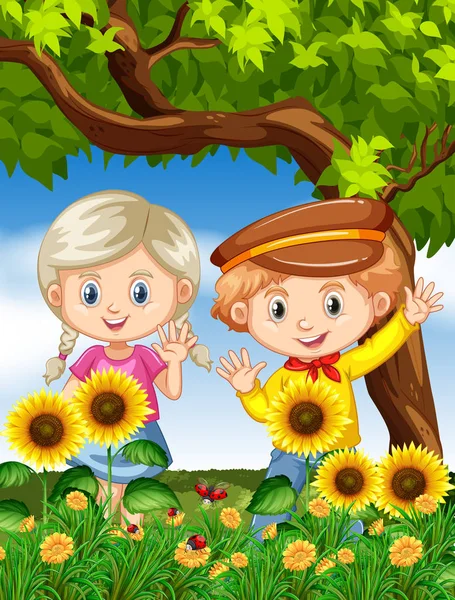 Niño y niña en el jardín de girasol — Vector de stock