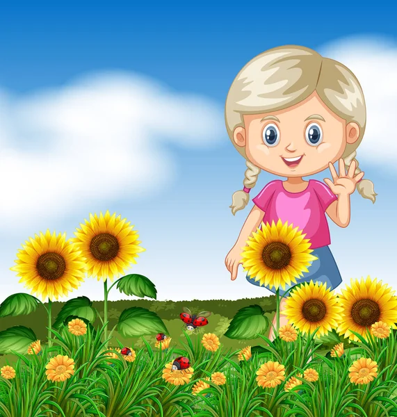 Linda chica en el jardín de girasol — Vector de stock