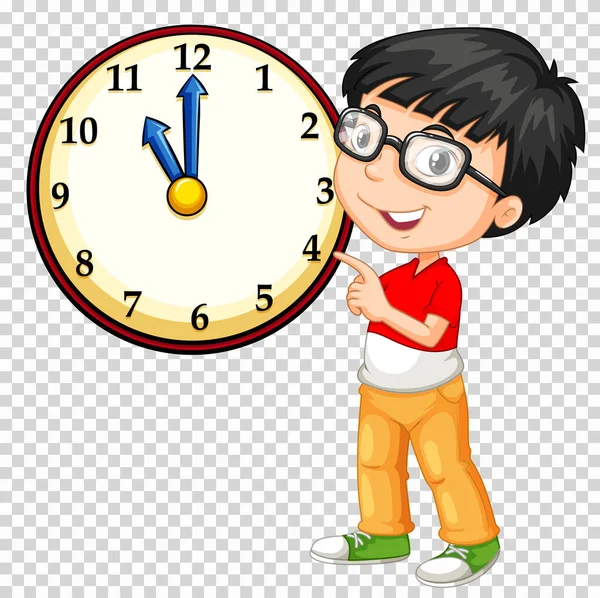 Boy looking at clock on transparent background — Stock Vector