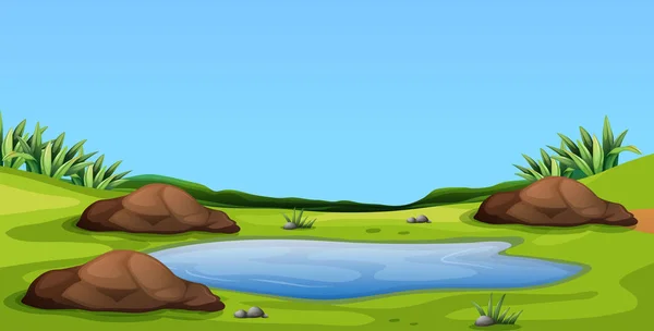 Scène avec étang dans le champ — Image vectorielle