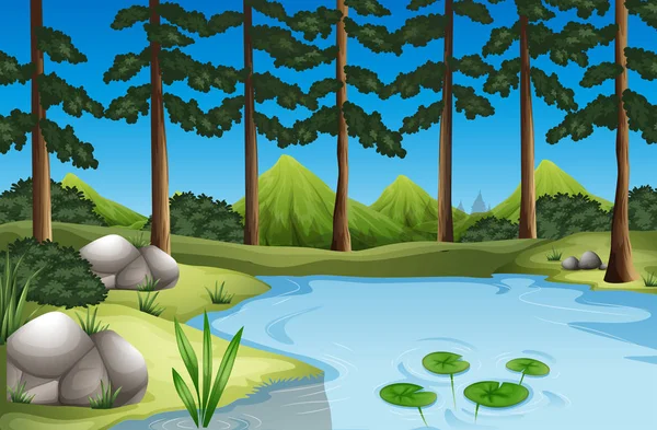 Bosque con árboles y río — Vector de stock