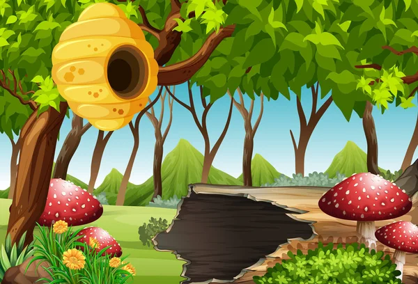 Forest scène met de Bijenkorf en paddenstoelen — Stockvector
