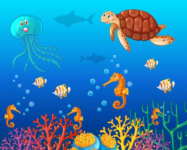 Animais marinhos nadando sob o oceano — Vetor de Stock