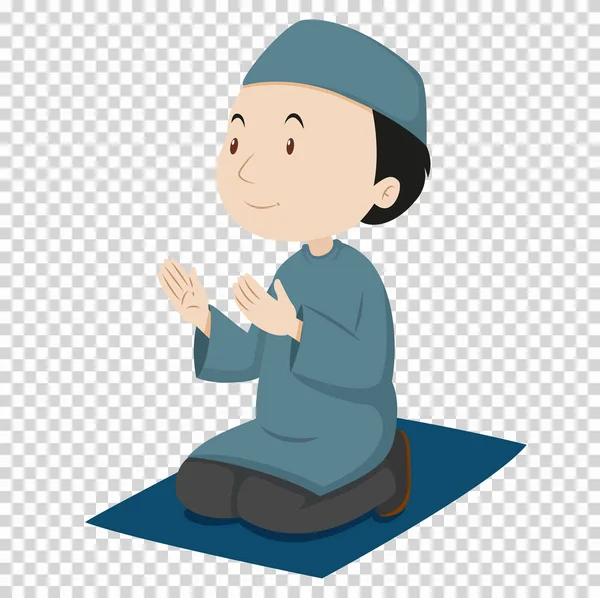 Мусульманська людина молиться на blue мат — стоковий вектор