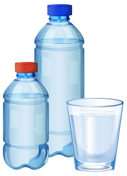 Botellas de agua y vidrio con agua potable — Vector de stock