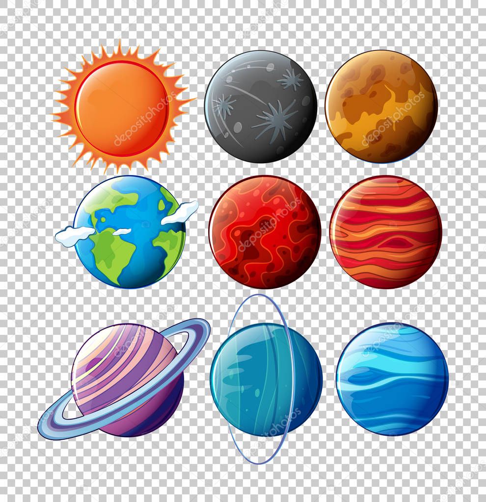 Different planets in solar system on transparent background