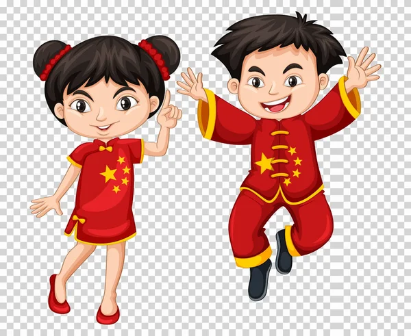 Two Chinese kids in red costume — Stock Vector