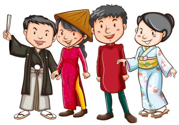 Asian people in traditional costumes — Stock Vector