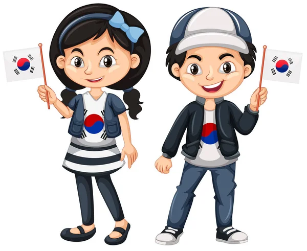 Garçon et fille sud-coréens avec des drapeaux — Image vectorielle