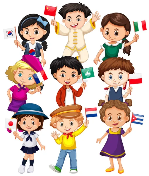 Viele Kinder mit Fahne aus verschiedenen Ländern — Stockvektor