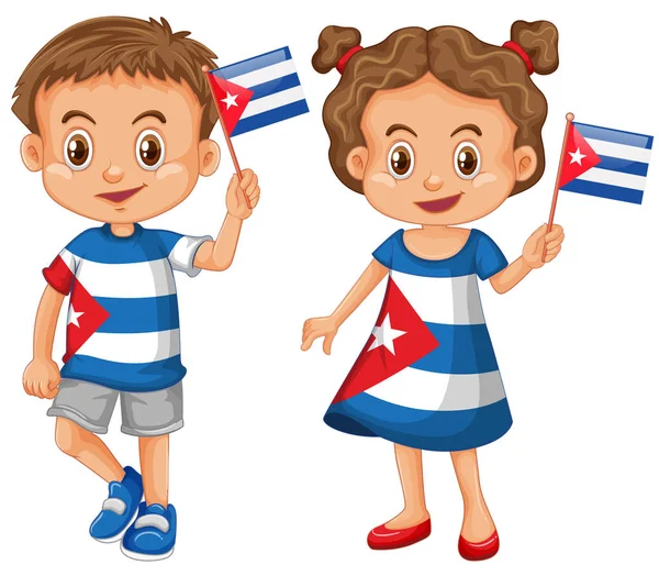 Ευτυχισμένο αγόρι και κορίτσι κρατώντας την σημαία της Κούβας — Διανυσματικό Αρχείο