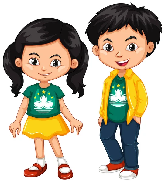 Joyeux garçon et fille portant une chemise avec le drapeau de Macao — Image vectorielle