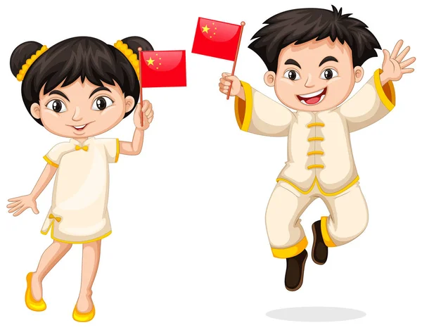 Feliz niño y niña sosteniendo la bandera de China — Archivo Imágenes Vectoriales