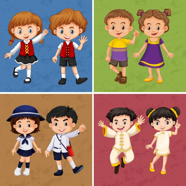 Four frames of kids from different countries — Stock Vector