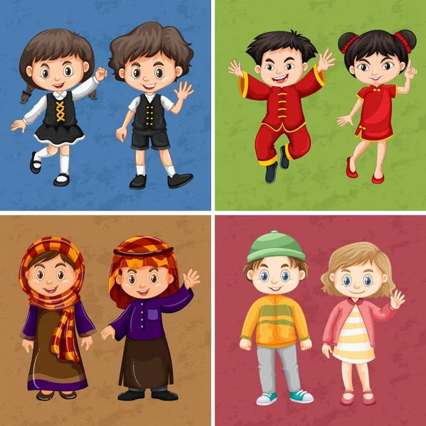 Boys and girls in tradional costumes — Stock Vector