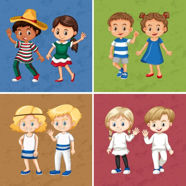 Niños y niñas en cuatro fondos de color diferentes — Vector de stock