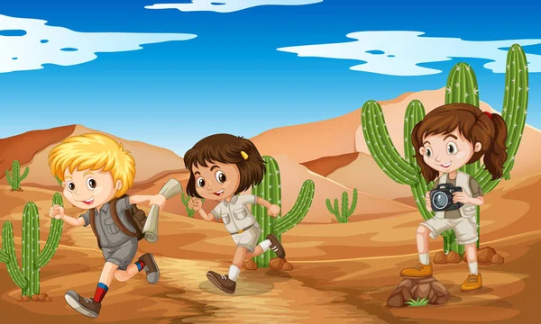 Three kids in safari outfit running in desert