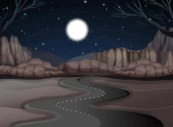 Adegan jalan di padang pasir di malam hari - Stok Vektor