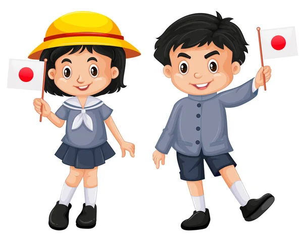 Japanese girl and boy holding flag — Stock Vector