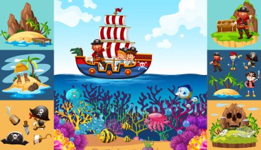 Ocean scenes with pirate on ship clipart