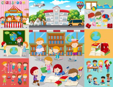 Okulda çocuklu farklı sahneleri