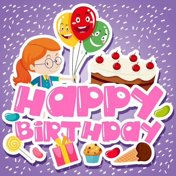 Verjaardag kaartsjabloon met meisje en taart — Stockvector
