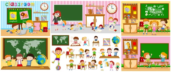 Diferentes escenas de aulas con niños — Vector de stock