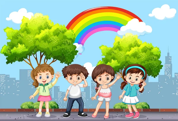 Enfants heureux dans le parc avec arc-en-ciel dans le ciel — Image vectorielle