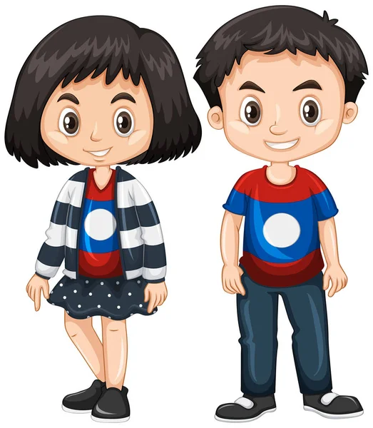 Boy and girl wearing shirt with Laos flag — Stock Vector