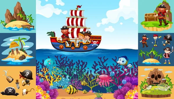 Океанські сцени з піратом на кораблі — стоковий вектор