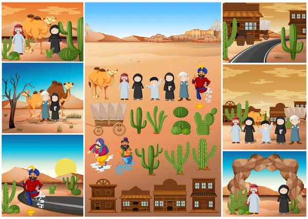 Desert scenes with people and buildings