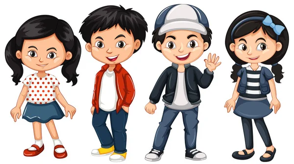 Mutlu yüz ile dört Asya çocuklar — Stok Vektör