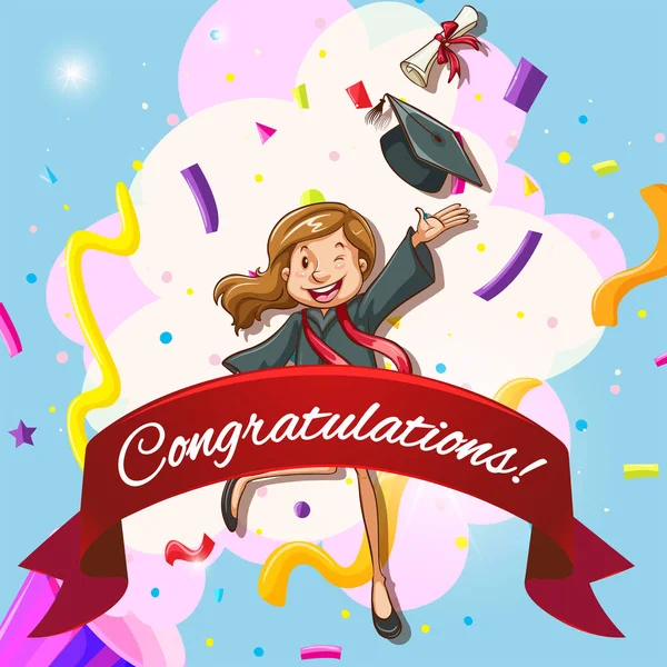 Plantilla de tarjeta para felicitaciones con la mujer en vestido de graduación — Vector de stock