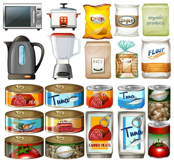 Консервовані продукти харчування та електронні кухонні прилади — стоковий вектор
