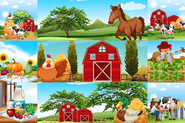 Bauernhofszenen mit vielen Tieren und Bauern — Stockvektor