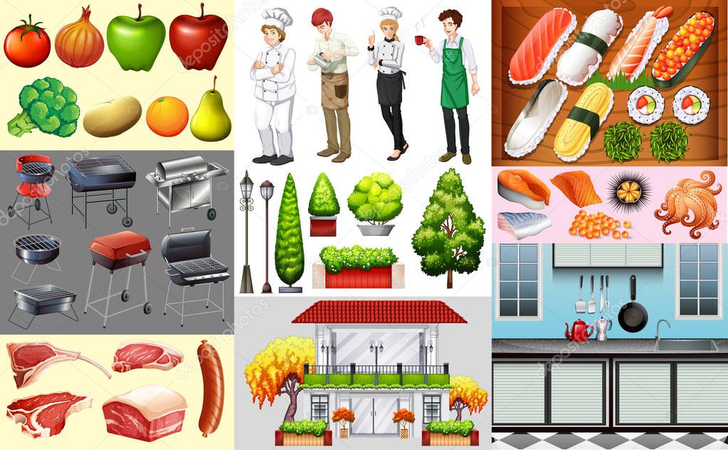 People working in food business and different kinds of food