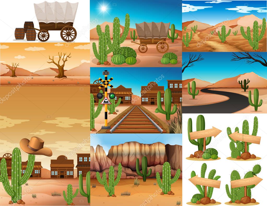 Desert scenes with cactus and buildings