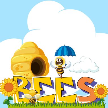 Word arı ve Arı kovan arka planda etrafında uçan