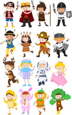 Children in different costumes clipart