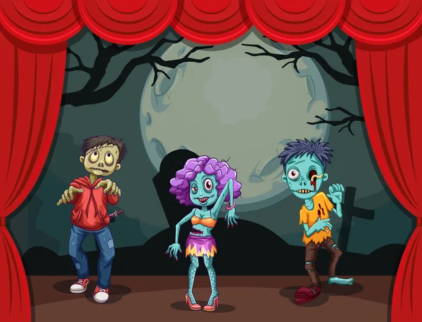 Three zombies on stage — Stock Vector