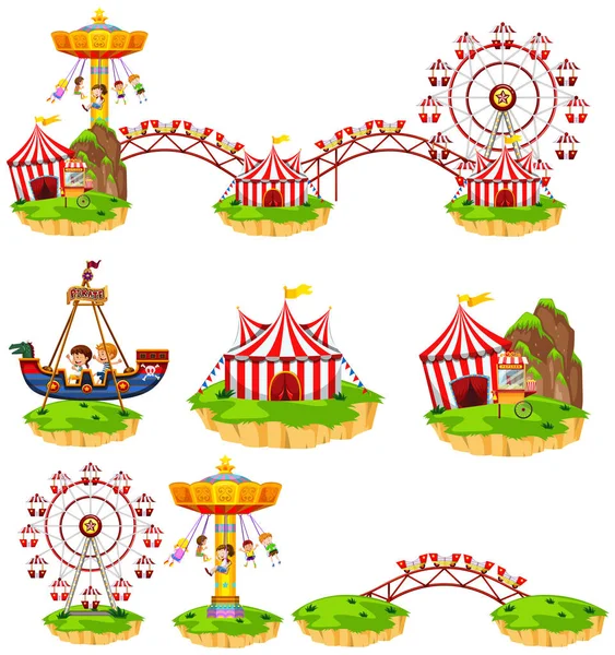 Diferentes paseos en el parque de atracciones — Vector de stock