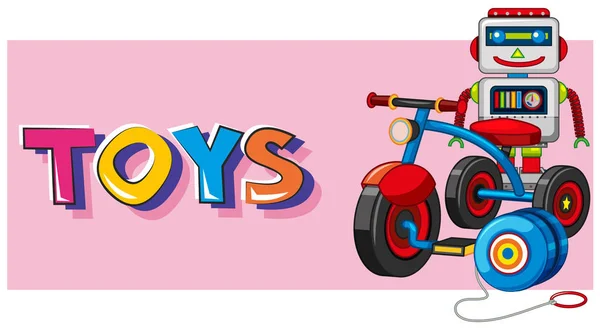 Слово іграшки з роботом і трицикл на задньому плані — стоковий вектор