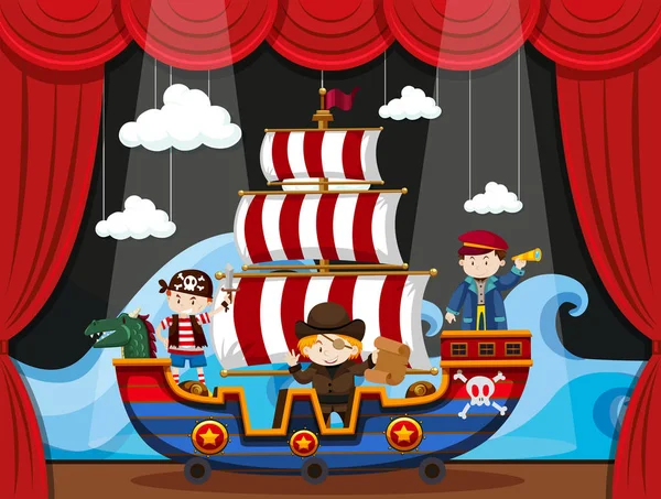 Kids playing pirate on stage — Stock Vector
