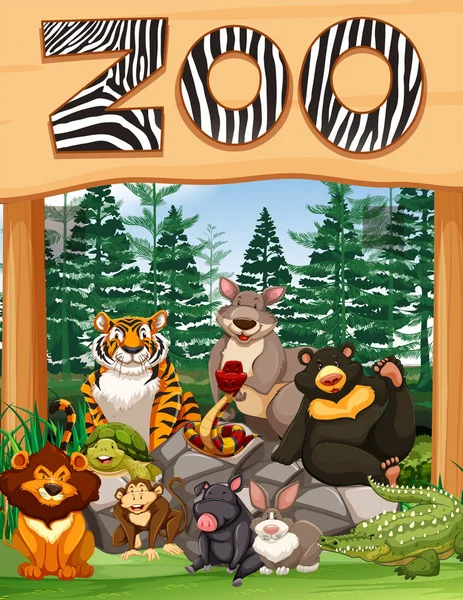 Zoo entrance with many wild animals under the sign — Stock Vector