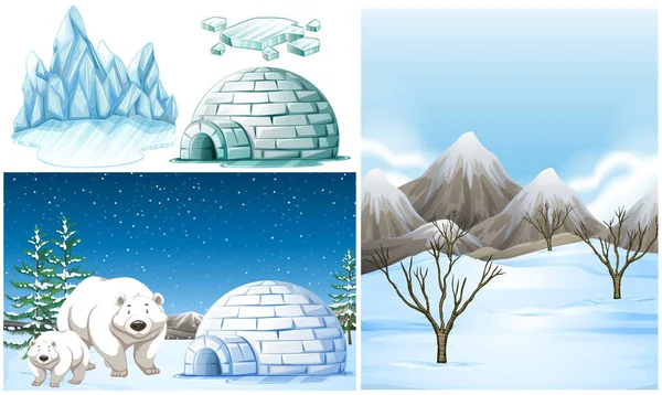 Ours polaires et igloo sur un champ de neige — Image vectorielle