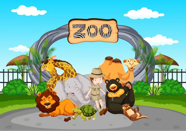 Scena allo zoo con custode dello zoo e animali — Vettoriale Stock